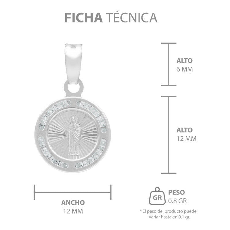 Dije Mini Medalla Bautizo San Judas Zircon Plata 925 1.2 Cm Blanco