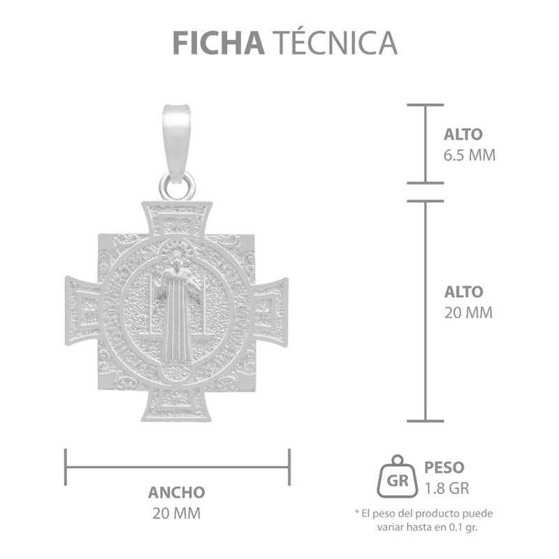 Dije Medalla Doble Vista Cruz Cuadrada San Benito Plata 925 Plateado