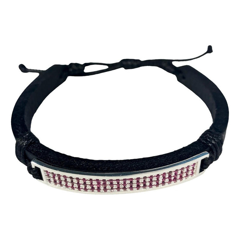 Pulsera Ajustable Unisex De Cuero Con Zirconias En Plata 925