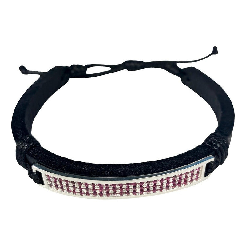 Pulsera Ajustable Unisex De Cuero Con Zirconias En Plata 925