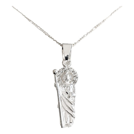 Collar Mini Dije Medalla San Judas Tadeo Zirconias Plata 925 Blanco