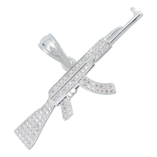 Dije Rifle Ak 47 Zirconias Bélico Metralleta Plata 925 Blanco
