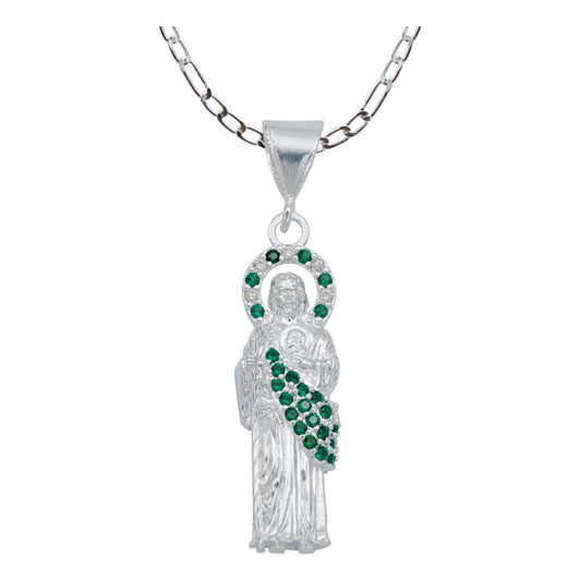 Dijes San Judas Tadeo Zirconias Hombre Plata 925 Con Cadena Verde