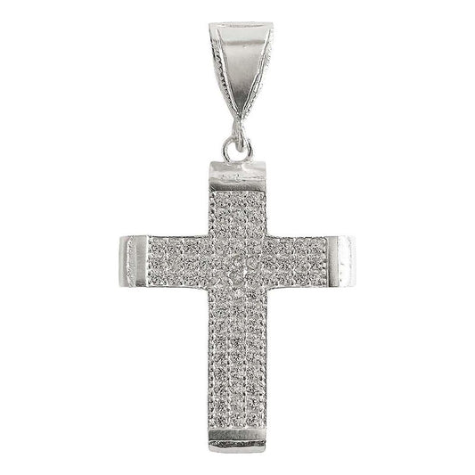 Dije Cruz Catolica Mediano Zirconias Hombre Plata Ley 925 Blanco Alto/ancho 5.3 Cm X 2.9 Cm