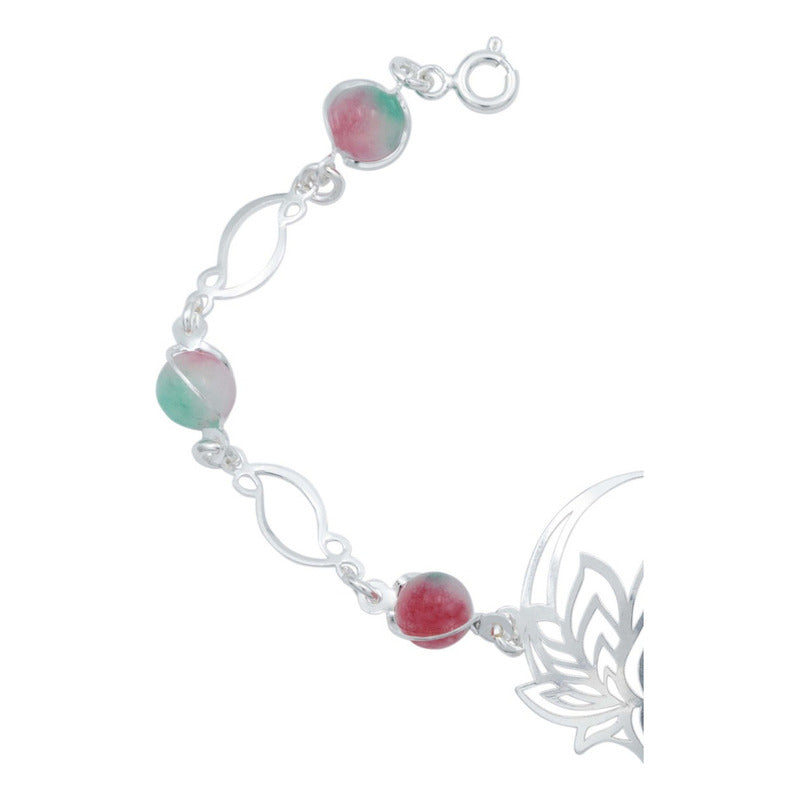 Pulsera Flor De Loto Piedra Natural Cuarzo Mujer Plata 925