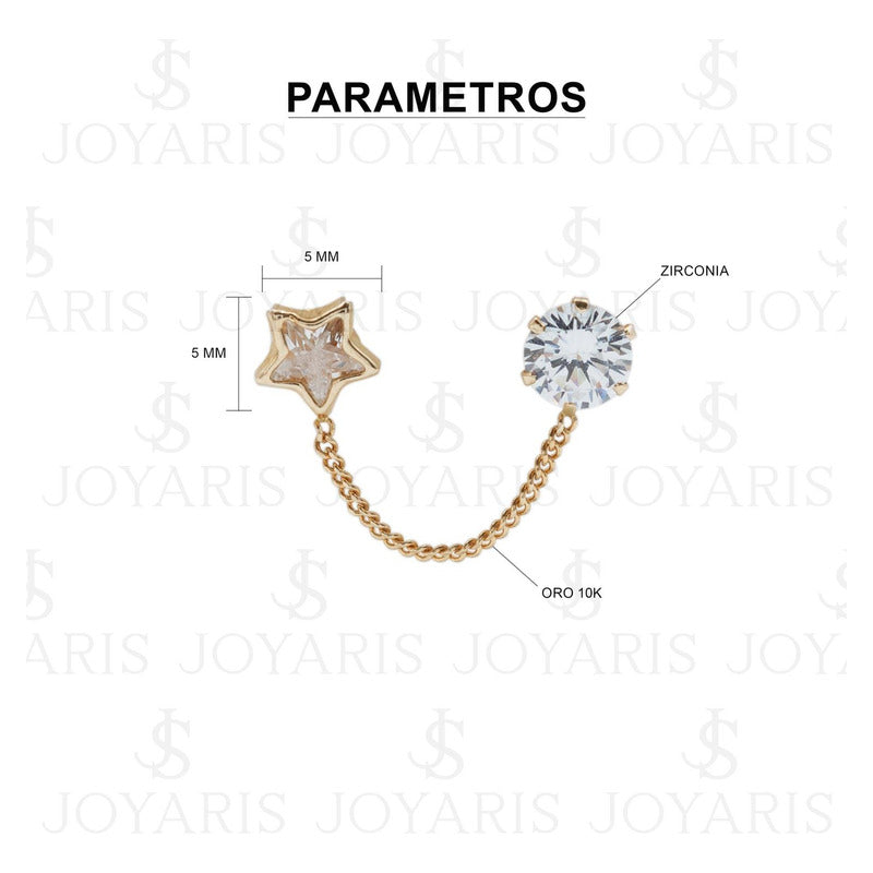 Arete Broquel Grande Estrella Zirconia Cadena Mujer Oro 10k