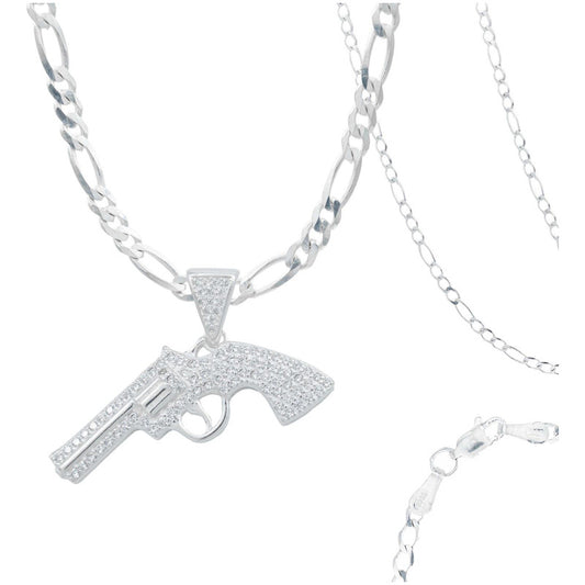 Collar Cadena Hombre Hiphop Revolver Gangster Plata 925 Blanco Alto/ancho 2.9 Cm X 4 Cm