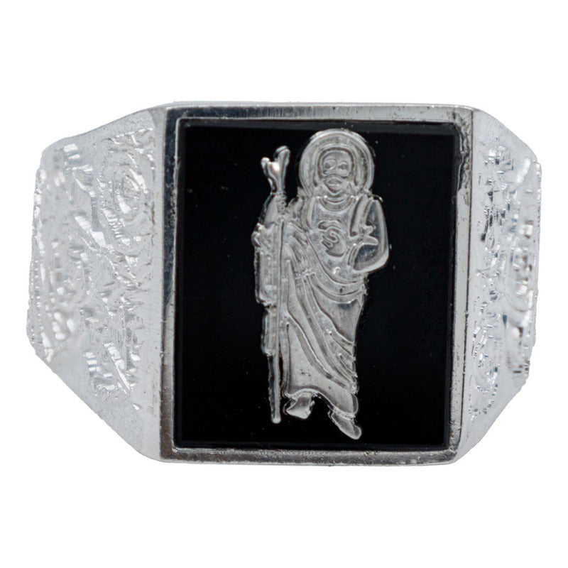Anillo Diamantado San Judas Piedra Onix Hombre Plata 925