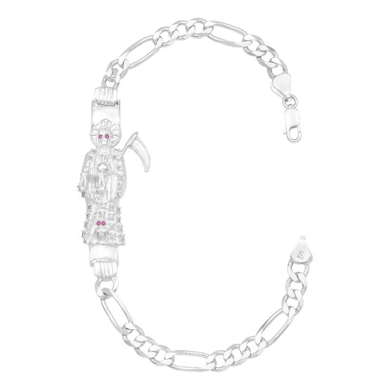 Pulsera Santa Muerte Zirconias Figaro 3x1 Plata 925 6 Mm Blanco 6 Cm 22 Cm