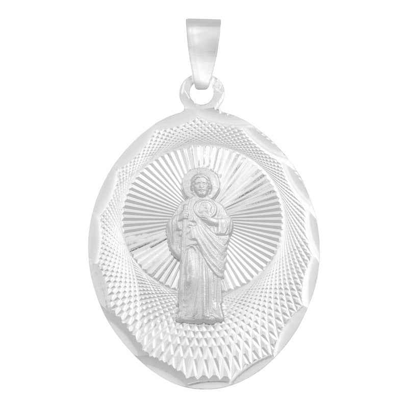Dije Medalla Ovalada Diamantada San Judas Plata 925 2.2 Cm Plateado
