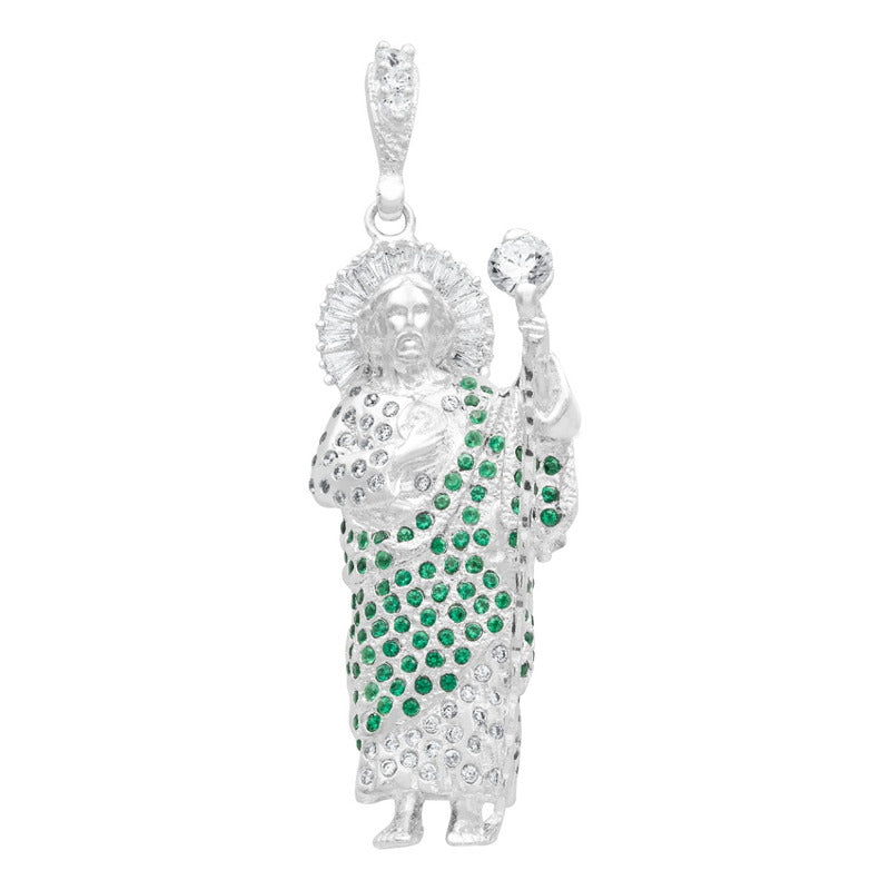 Dije 3d Medalla San Judas Tadeo Grande Zirconias Plata 925 Verde