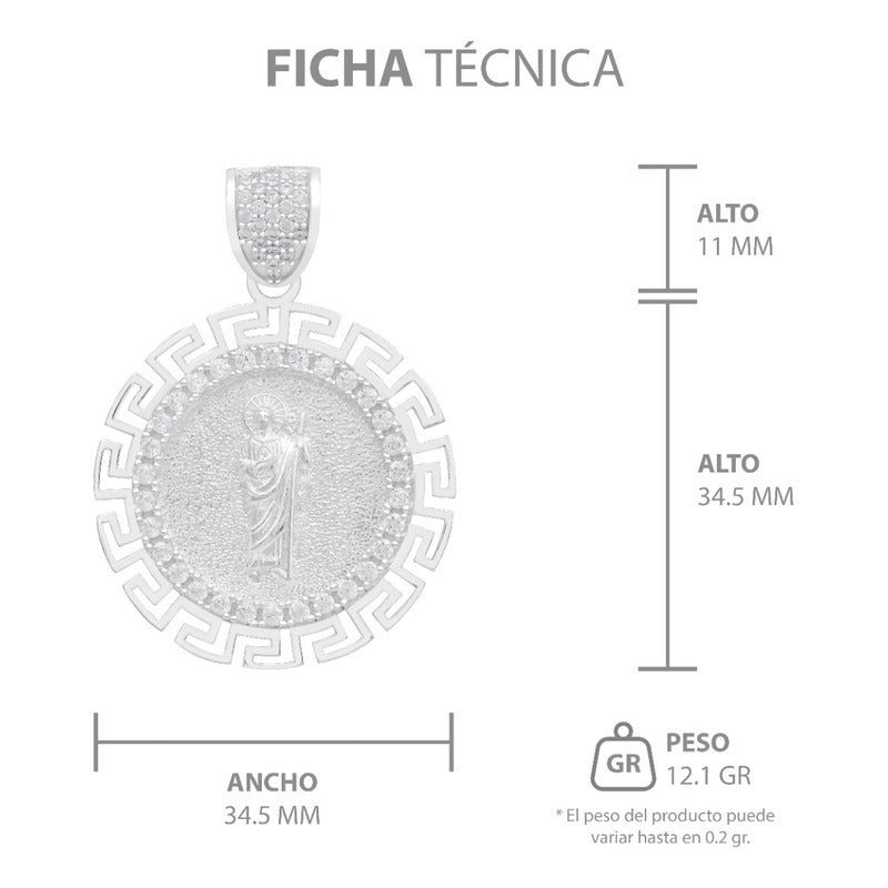 Dije Medalla San Judas Grecas Zirconias Plata 925 3.4 Cm Blanco