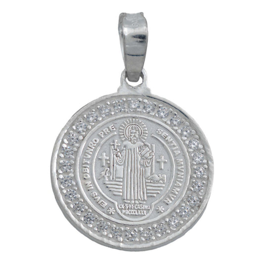 Dije Medalla San Benito Oración Zirconias Plata 925 1.6 Cm Blanco