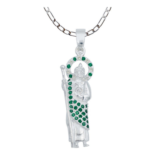 Dije San Judas Zirconias + Cadena Figaro 50 Cm Plata 925 Verde