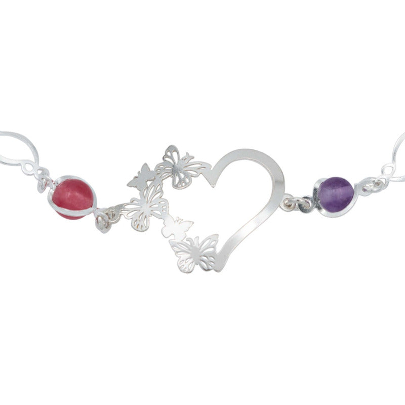 Pulsera Corazón Mariposas Piedra Natural Cuarzo Plata 925
