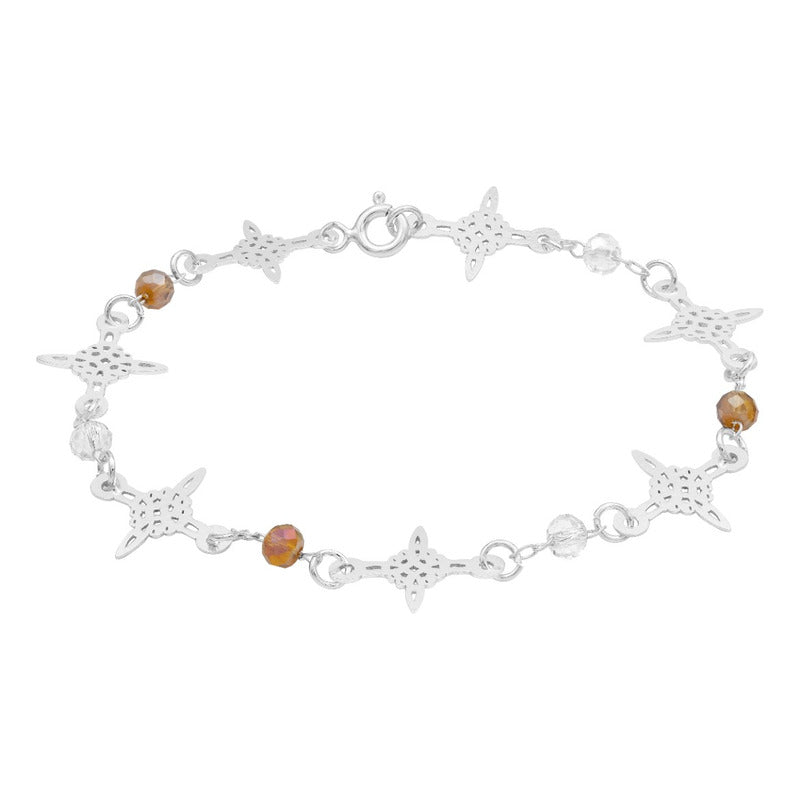 Pulsera Nudo De Bruja Laser Cristales Regalo Mujer Plata 925 Café Blanco 19 Cm