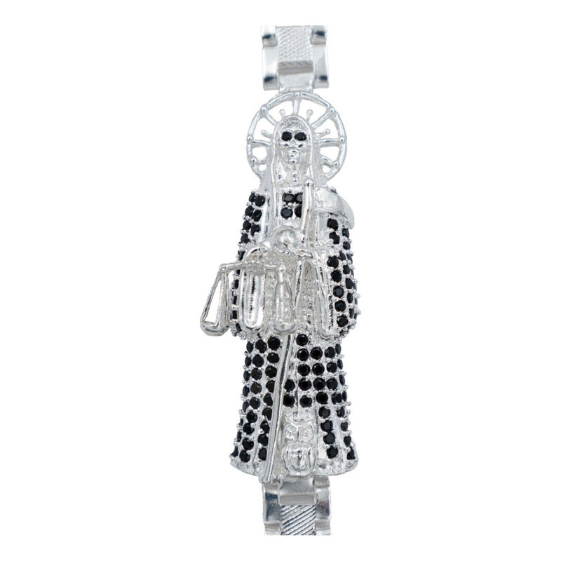 Pulsera Rolo Gruesa Santa Muerte Grande Zirconias Plata 925