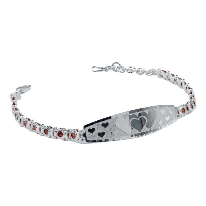 Pulsera Ajustable Zirconias Placa Corazón Amor Plata 925