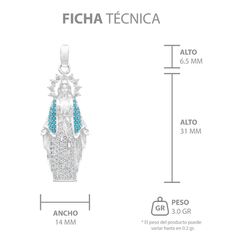 Dije Virgen Milagrosa Chica Zirconias Plata 925 4 Cm Celeste