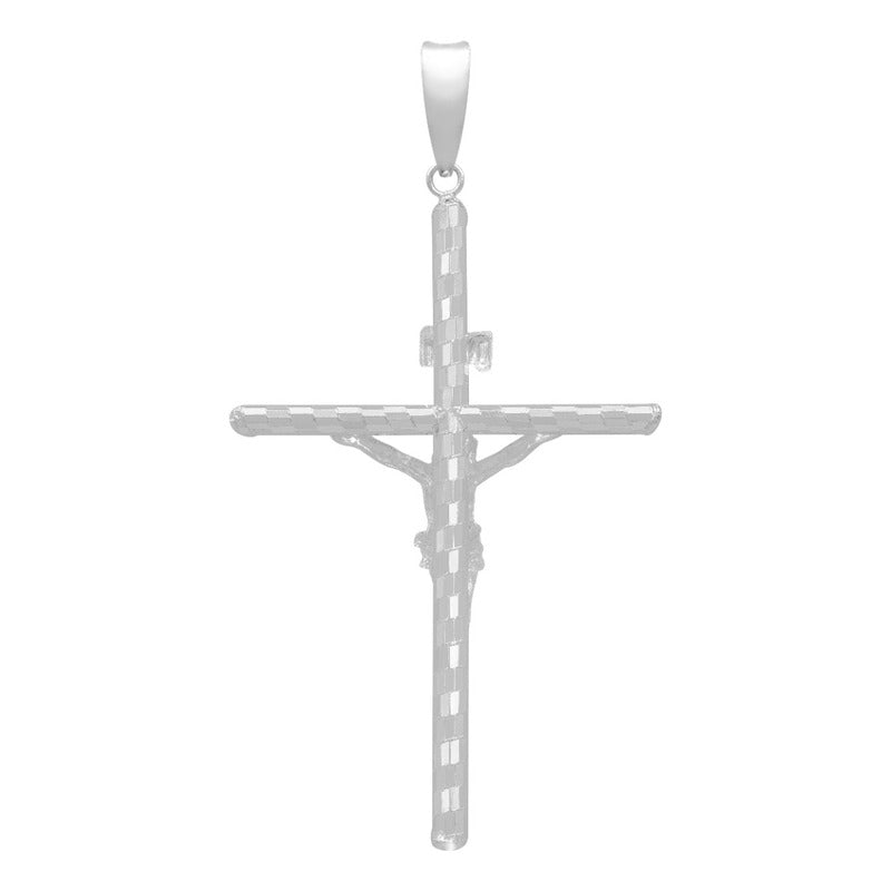 Dije Cruz Tubular Diamantado Ajedrez Cristo Plata 925 7 Cm Plateado