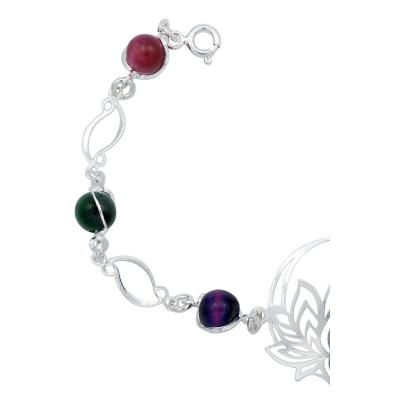 Pulsera Flor De Loto Piedra Natural Cuarzo Mujer Plata 925