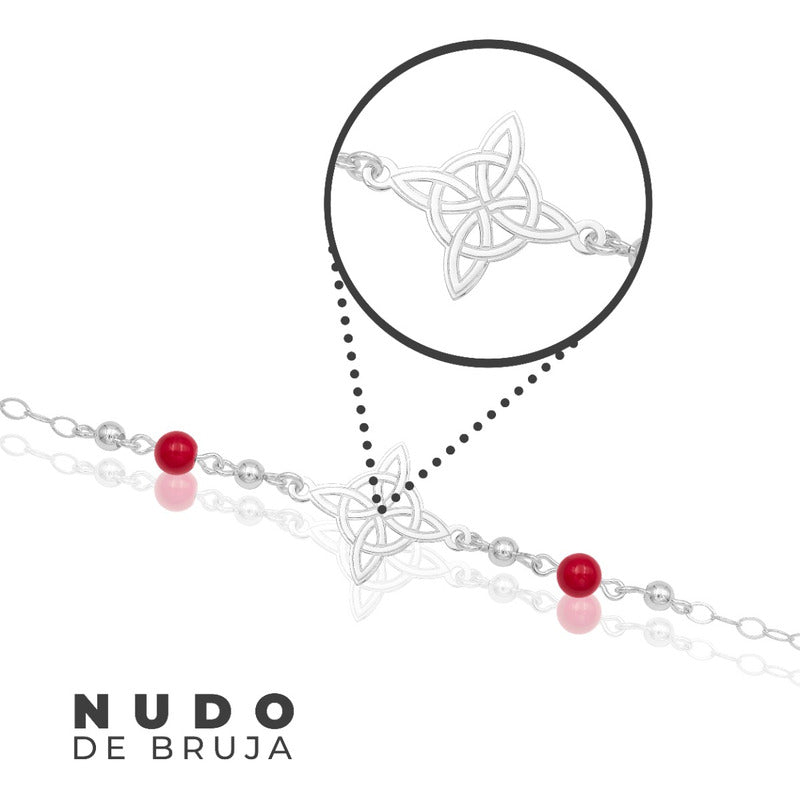 Pulsera Ajustable Mujer Nudo De Bruja Laser Bolas Plata 925 Roja 6 Cm 20 Cm