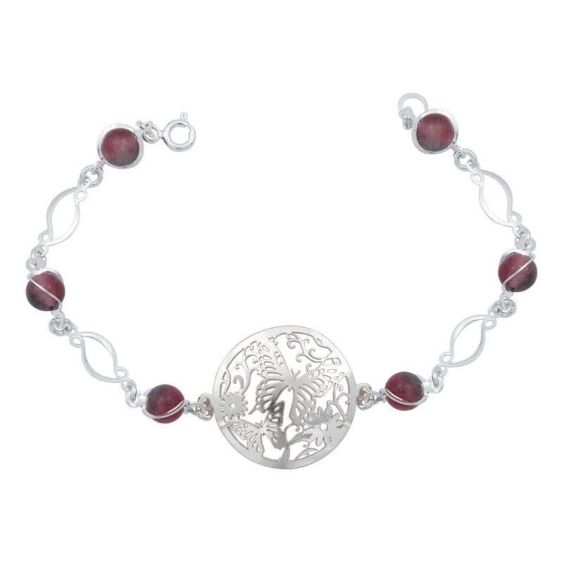 Pulsera Mariposa Flores Piedra Natural Cuarzo Plata 925