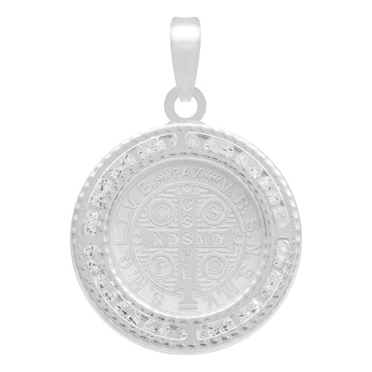 Dije Medalla Cruz San Benito Zirconias Plata 925 1.6 Cm Blanco