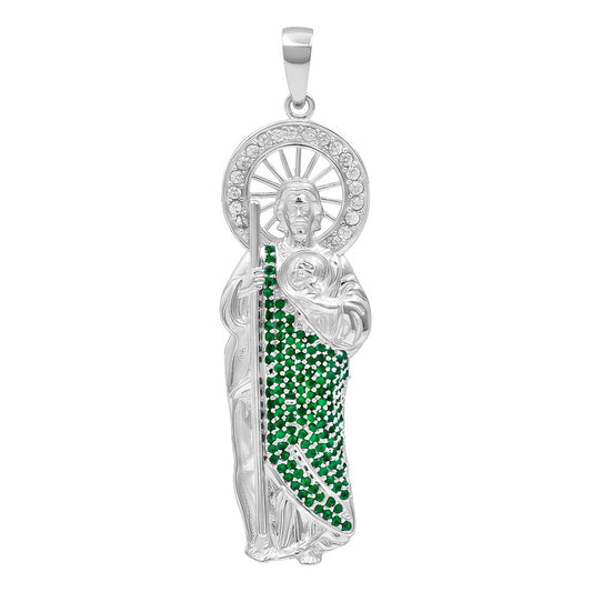 Dije Medalla Grande San Judas Tadeo Zirconias Plata925 6.1cm Verde