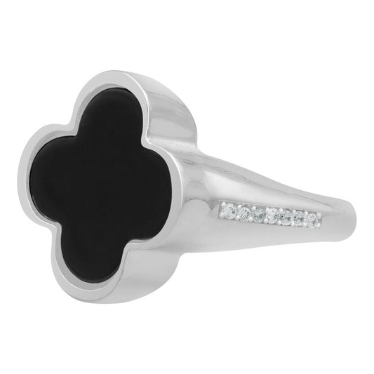 Anillo Grande Hombre Mujer Trebol Esmaltado Resina Plata 925 Negro 8