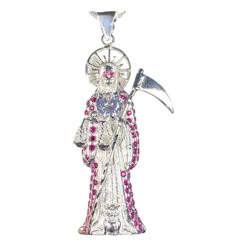 Dije Medalla Gigante Santa Muerte Con Zirconias En Plata 925