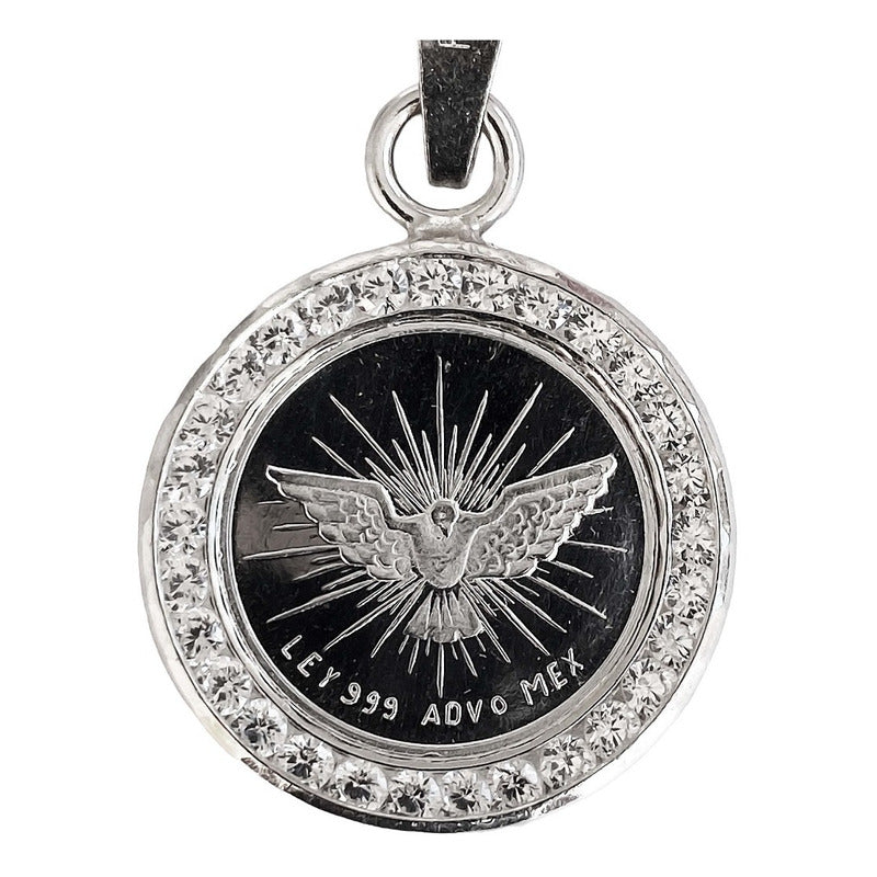 Dije Medalla Espíritu Santo Zirconias Plata Pura Ley .999