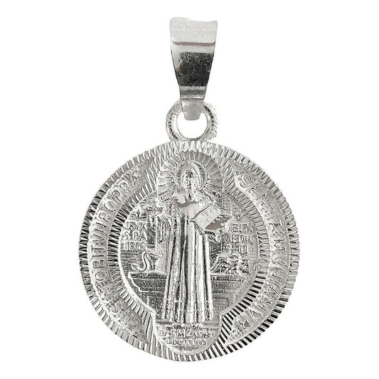 Medalla Doble Vista Diamantada San Benito Plata 925 2.4 Cm Plateado Alto/ancho 3.5 Cm X 2.4 Cm