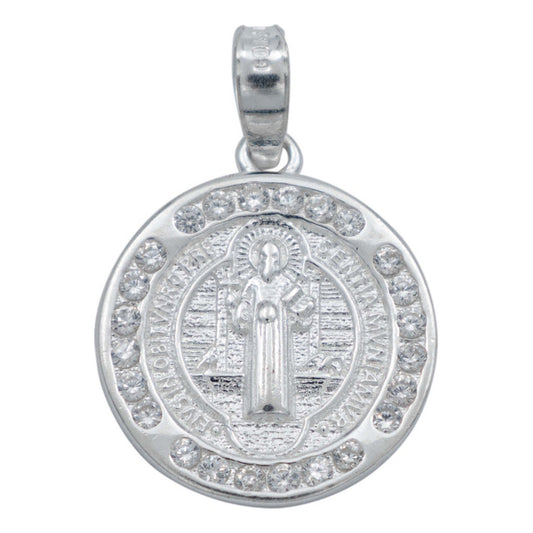 Dije Medalla Chica San Benito Doble Vista Zirconias Plata925 Blanco