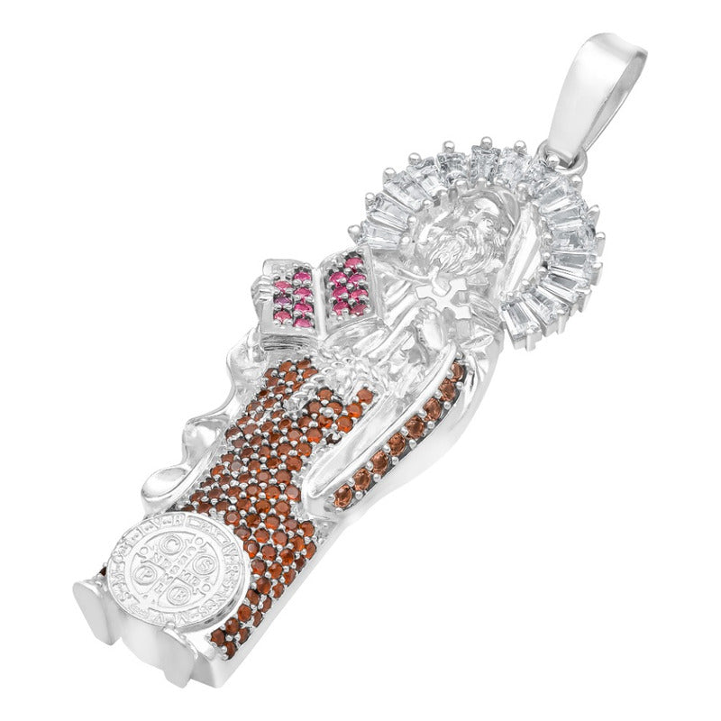 Dije Medalla San Benito Grande Protección Zirconia Plata 925 Café