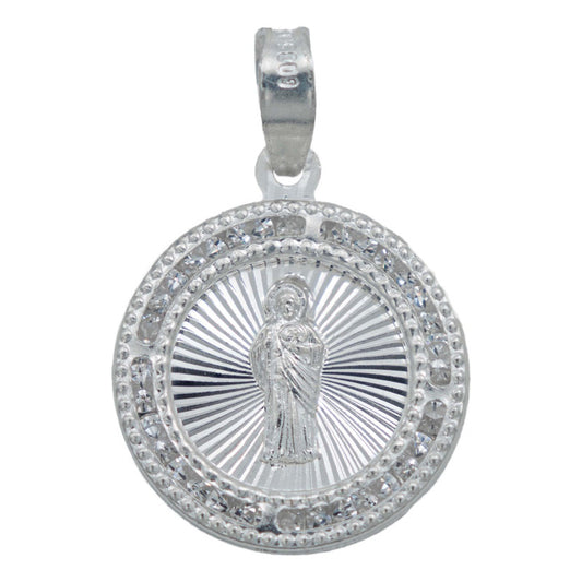 Dije Medalla Diamantada San Judas Zirconias Plata 925 1.6 Cm Blanco