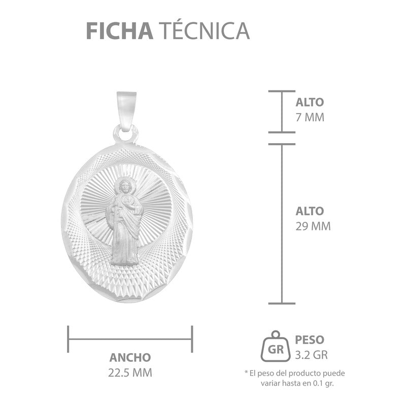 Dije Medalla Ovalada Diamantada San Judas Plata 925 2.2 Cm Plateado