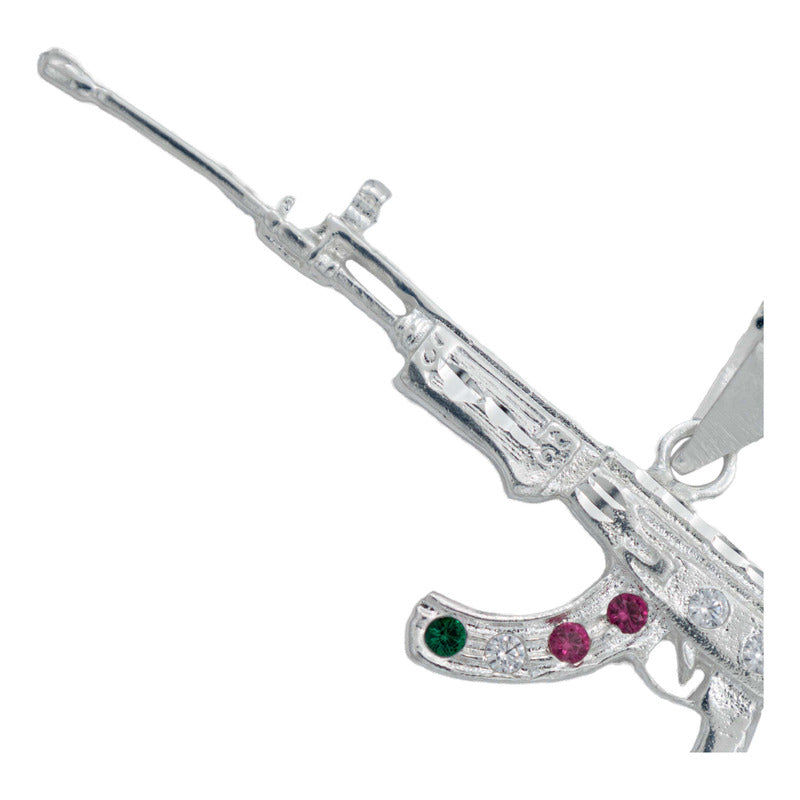 Dije Mediano Rifle Ak 47 Cuerno De Chivo Plata Solida S925
