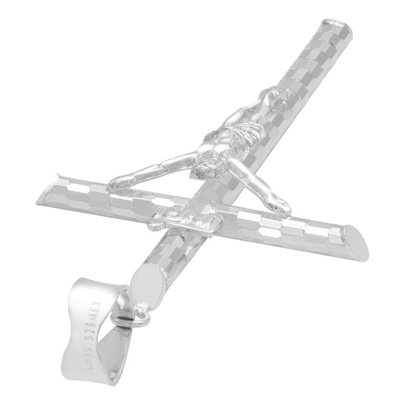 Dije Cruz Tubular Diamantado Ajedrez Cristo Plata 925 6.1 Cm Plateado