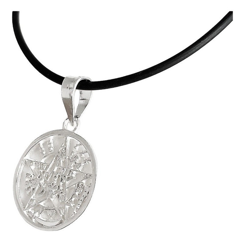 Dije Medalla Tetragramaton De 3 Cm Plata S925 +collar Caucho