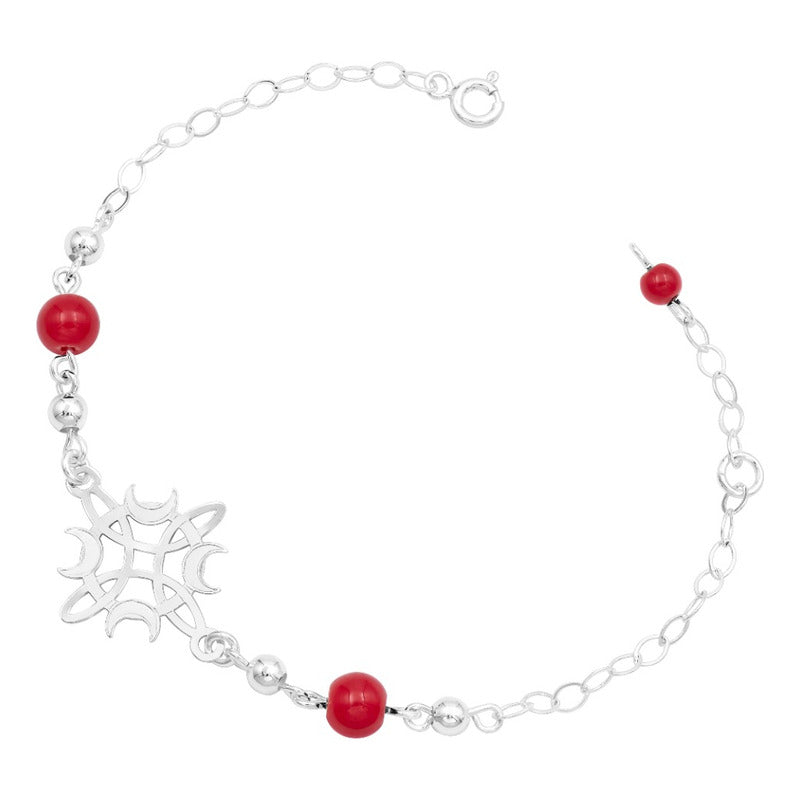 Pulsera Ajustable Nudo De Bruja Fases Lunes Bolas Plata 925 Rojo 6 Cm 20 Cm