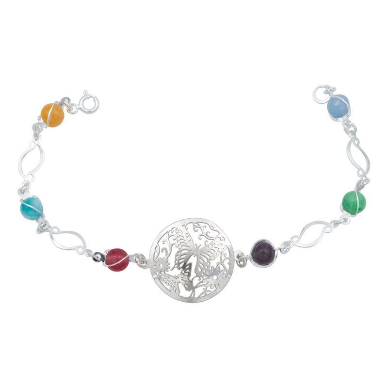 Pulsera Mariposa Flores Piedra Natural Cuarzo Plata 925