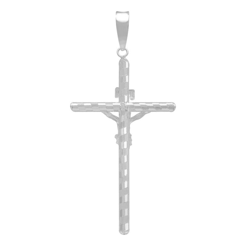 Dije Cruz Tubular Diamantado Ajedrez Cristo Plata 925 5.2 Cm Plateado