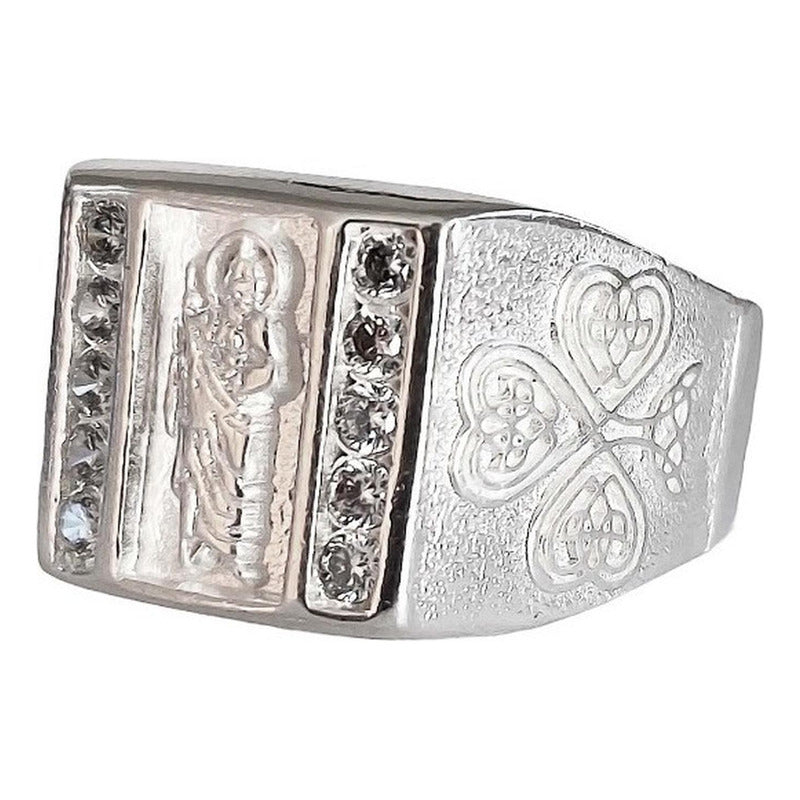 Anillo De Cuadro San Judas Tadeo Con Zirconias Plata Ley 925