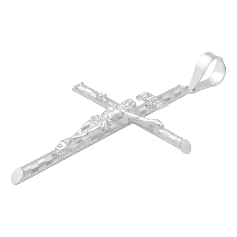 Dije Cruz Tubular Diamantado Ajedrez Cristo Plata 925 7 Cm Plateado