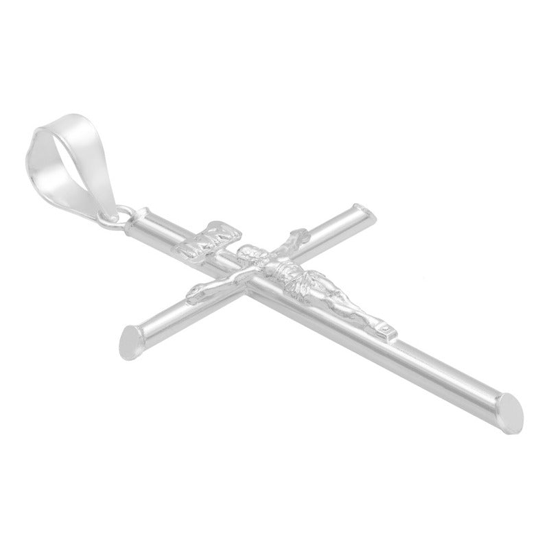 Dije Cruz Tubo Tubular Lisa Cristo Hombre Plata 925 5.2 Cm Plateado