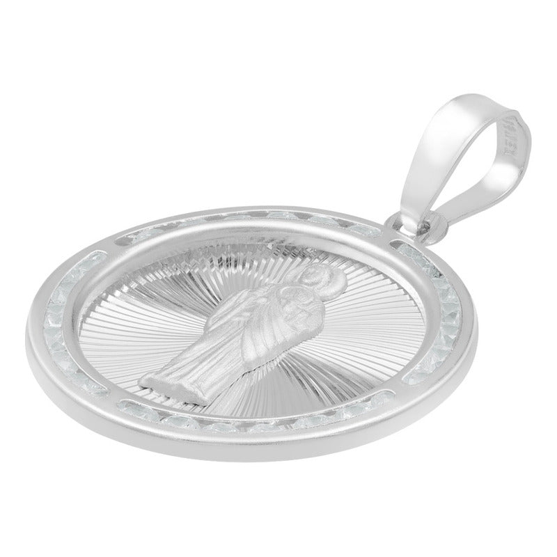 Dije Medalla Diamantada San Judas Zirconias Plata 925 2.3 Cm Blanco