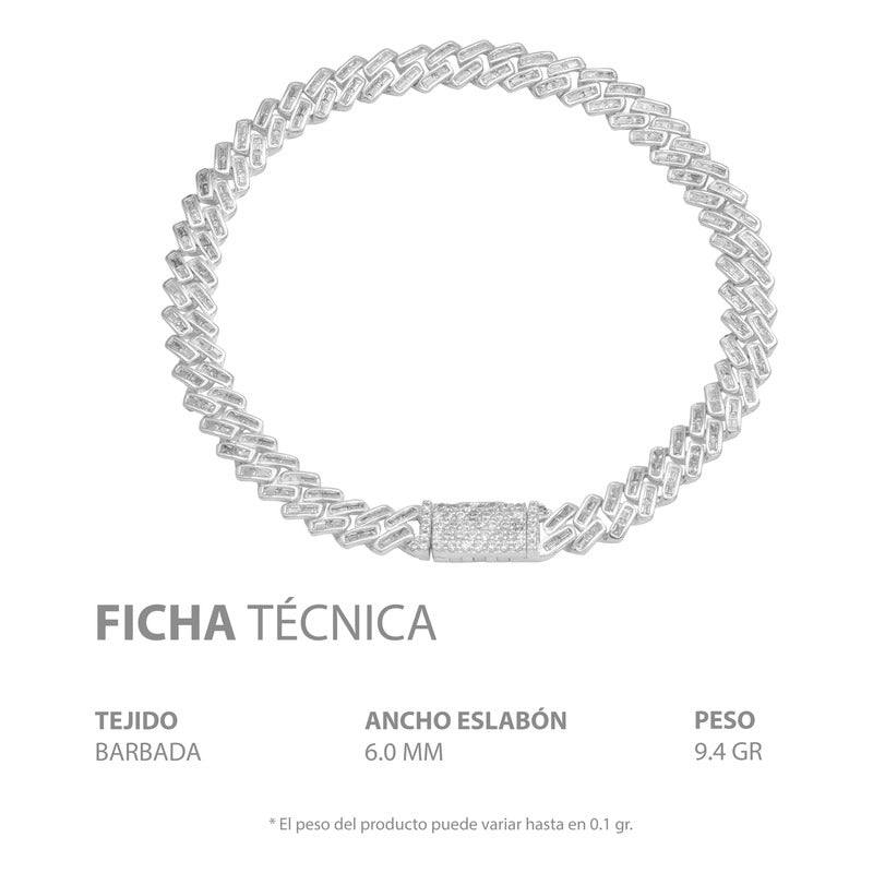 Pulsera Dama Cubana Miami Zirconias Baguette Caja Plata 925 Blanco 6 Cm 17.5 Cm