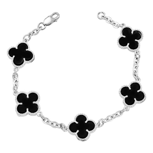 Pulsera Gruesa De Plata 925 5 Tréboles De Esmalte Mujer Negro 18 Cm