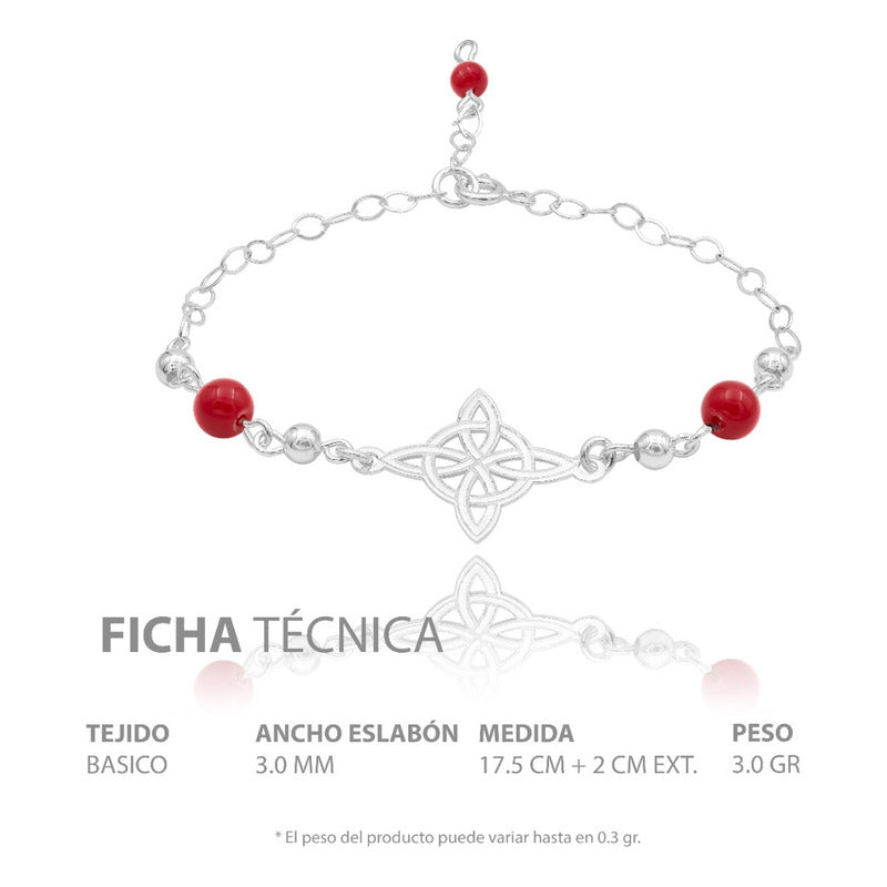 Pulsera Ajustable Mujer Nudo De Bruja Laser Bolas Plata 925 Roja 6 Cm 20 Cm